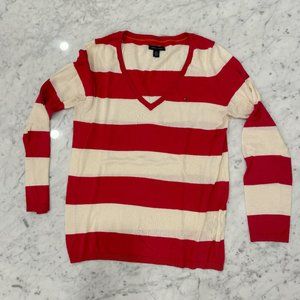 Tommy Hilfiger Pink and Cream Striped V-Neck Sweater